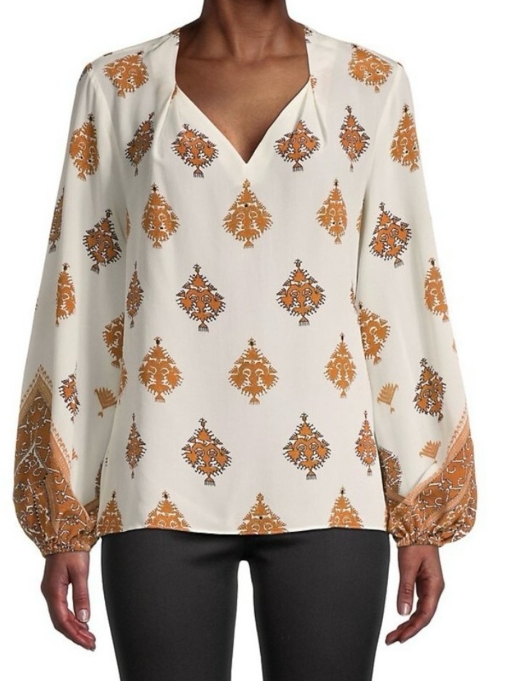 #17) NEW Kobi Halperin Silk Cream Blouse with Orange Medallion Print